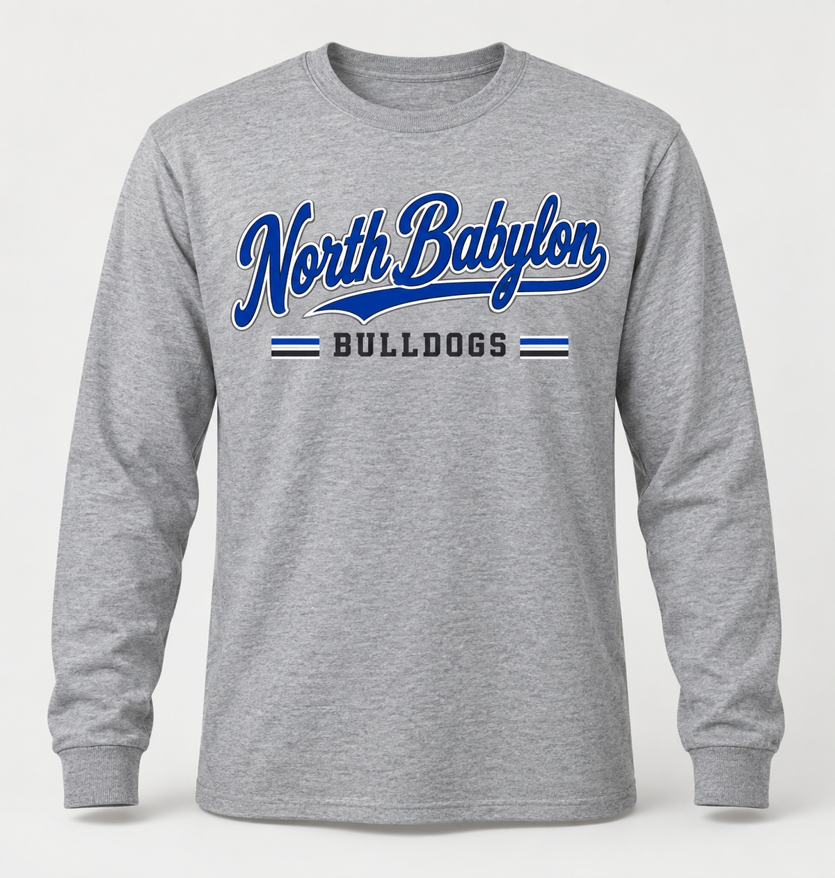 North Babylon Bulldogs Heritage Script Long Sleeve Tee in Heather Gray — front view