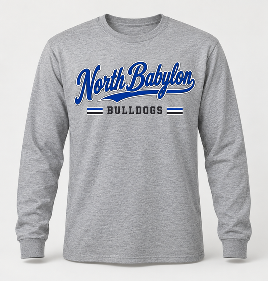 North Babylon Bulldogs Heritage Script Long Sleeve Tee in Heather Gray — front view