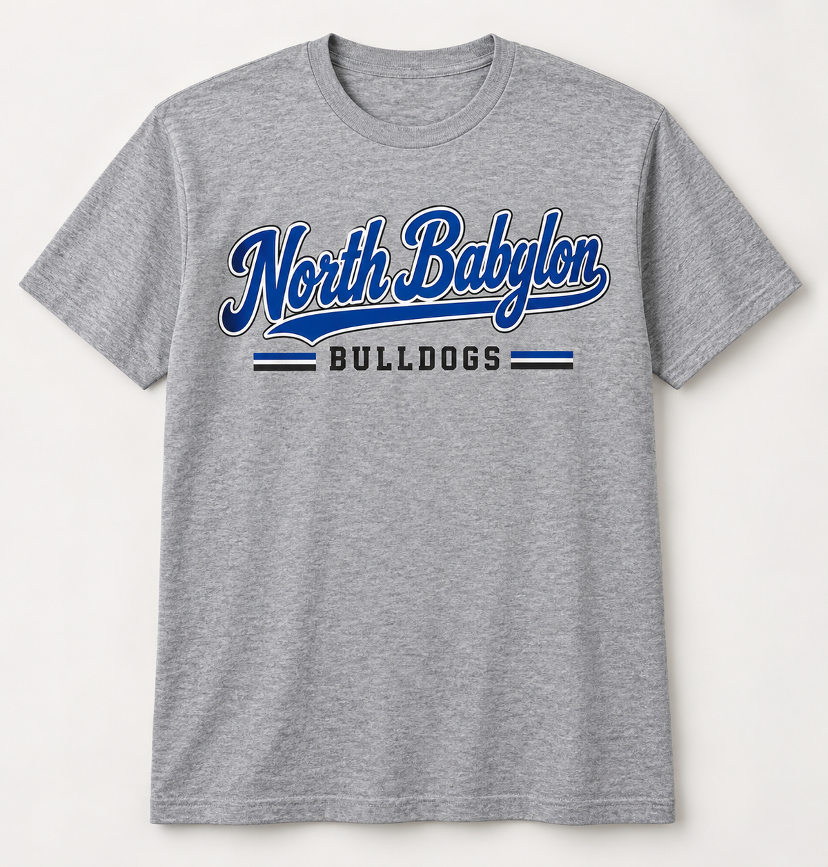 North Babylon Bulldogs Heritage Script Tee in Heather Gray — front view