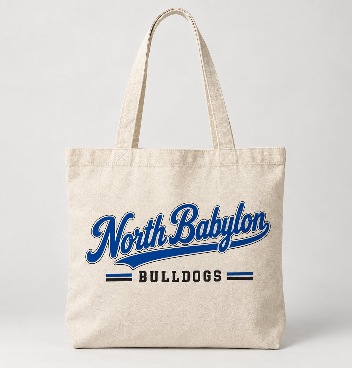 North Babylon Bulldogs Heritage Script Tote Bag in Natural — front view