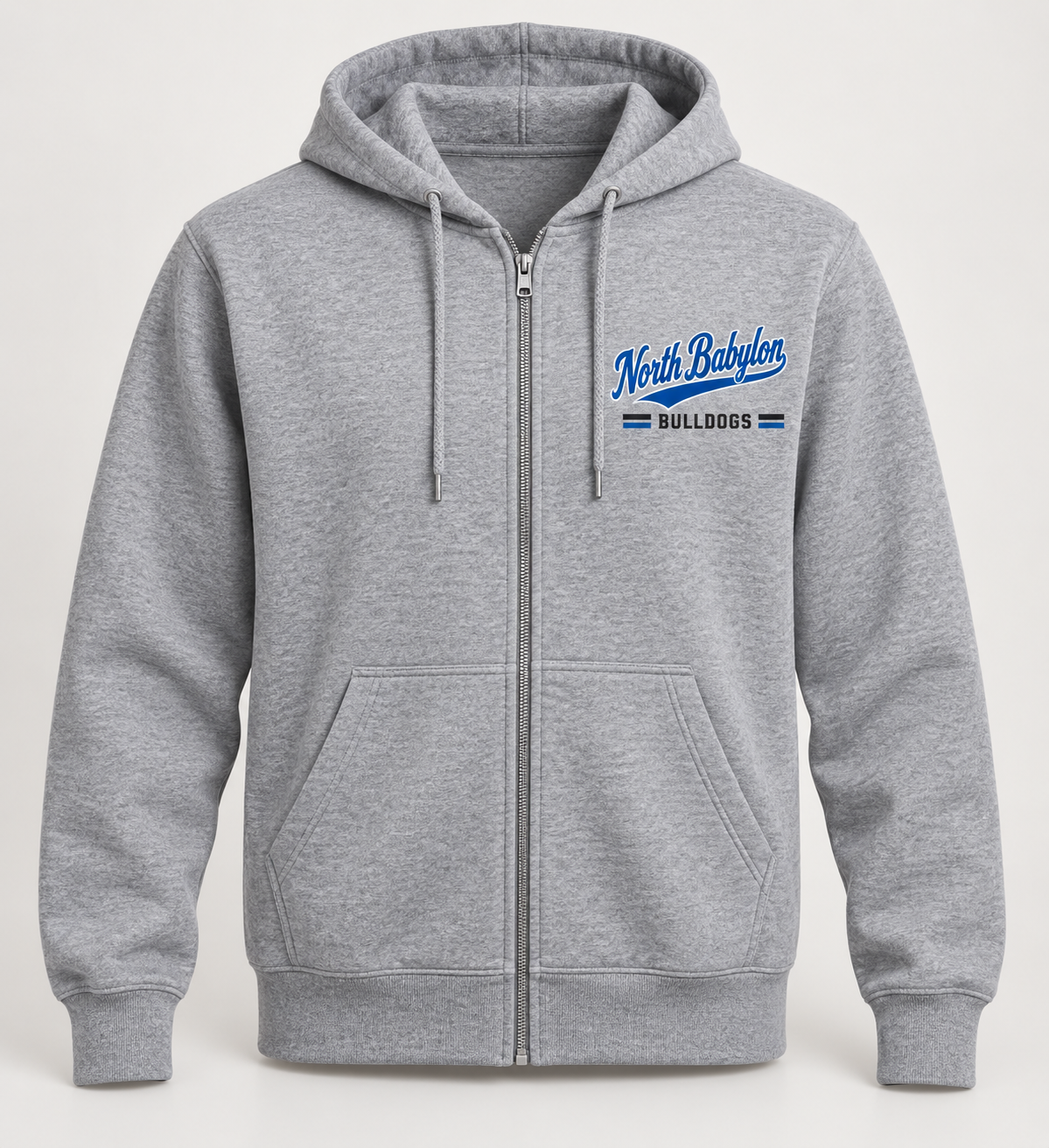 North Babylon Bulldogs Heritage Script Zip Hoodie in Heather Gray — front view