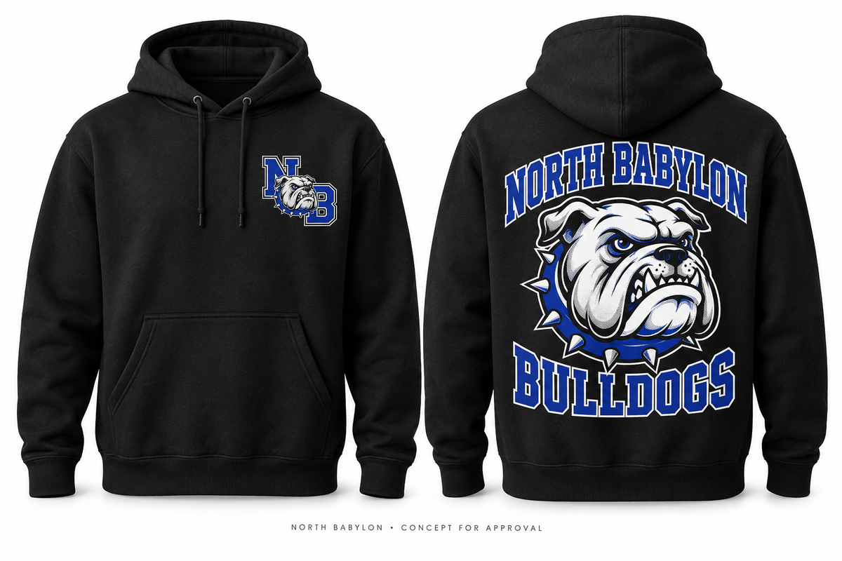 North Babylon Bulldogs Varsity Hoodie in black, front and back concept
