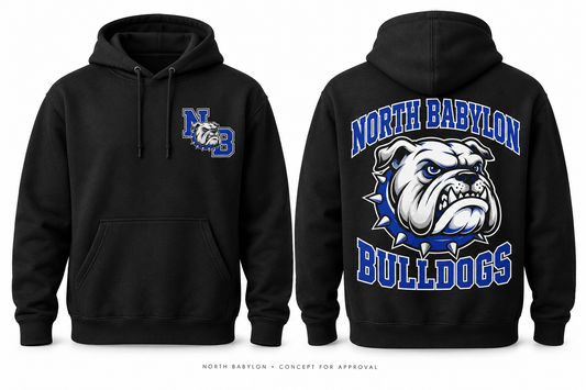North Babylon Bulldogs Varsity Hoodie in black, front and back concept