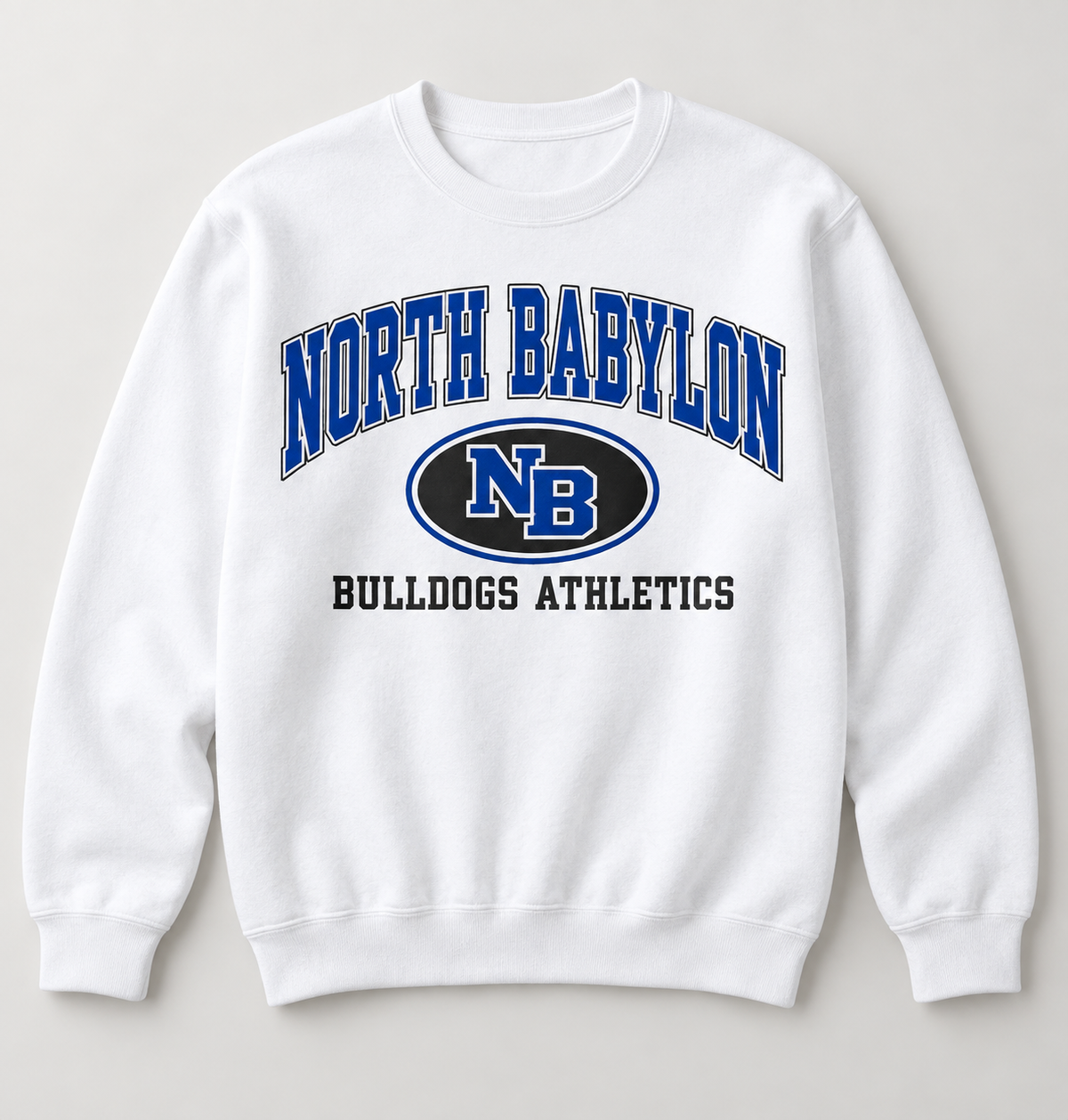 North Babylon Bulldogs Stadium Crest Crewneck Sweatshirt in White — front view