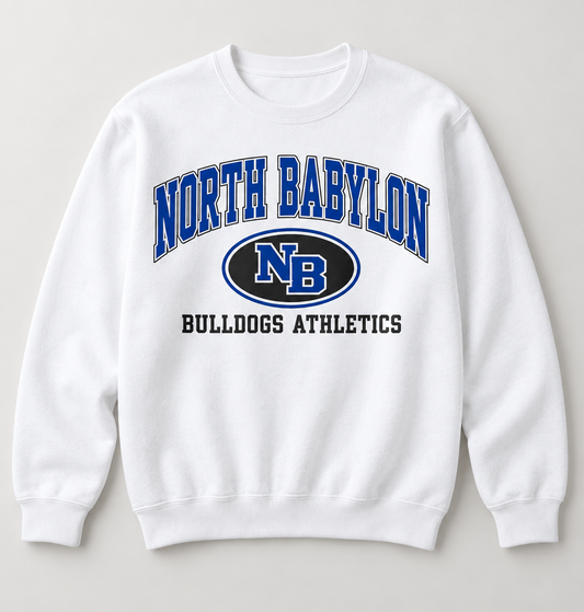 North Babylon Bulldogs Stadium Crest Crewneck Sweatshirt in White — front view