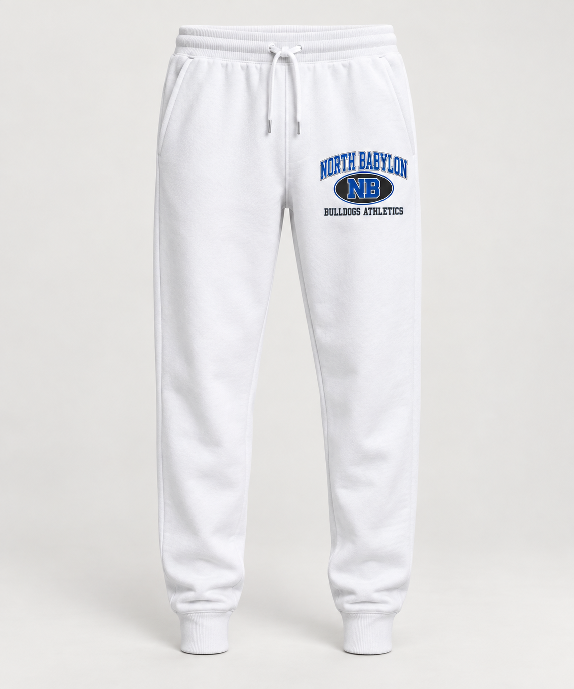 North Babylon Bulldogs Stadium Crest Joggers in White — front view