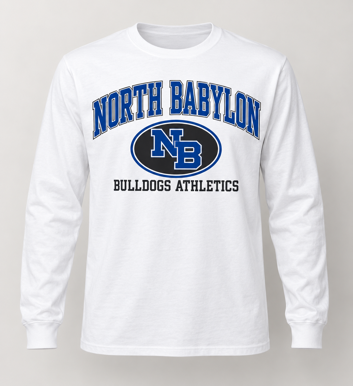 North Babylon Bulldogs Stadium Crest Long Sleeve Tee in White — front view
