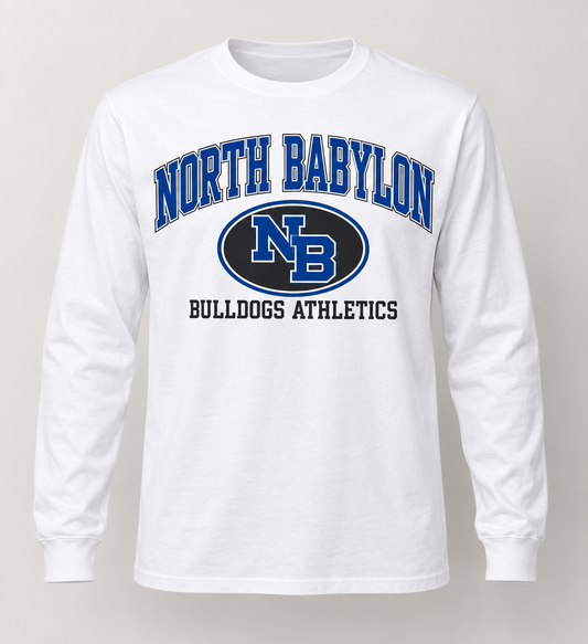 North Babylon Bulldogs Stadium Crest Long Sleeve Tee in White — front view