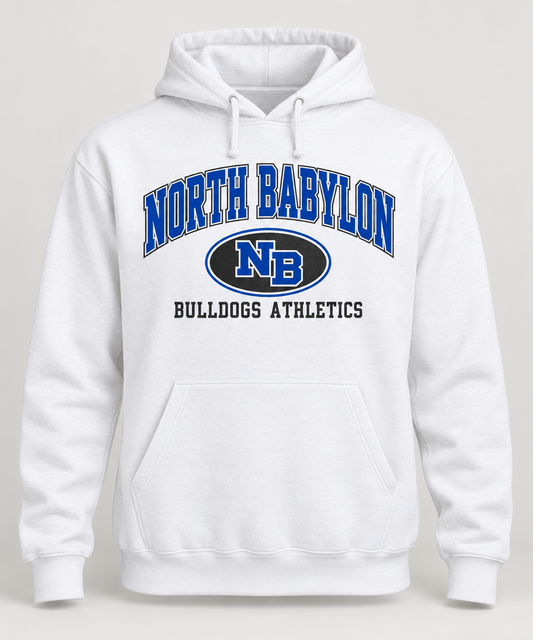 North Babylon Bulldogs Stadium Crest Pullover Hoodie in White — front view