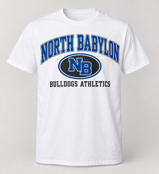 North Babylon Bulldogs Stadium Crest Tee in White — front view