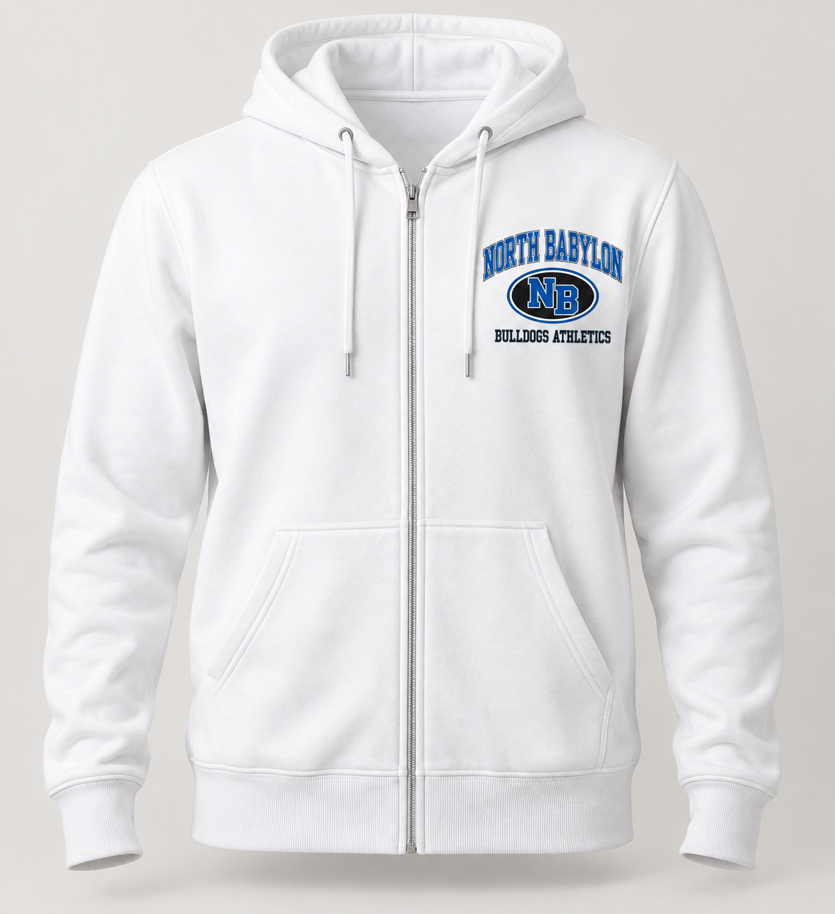 North Babylon Bulldogs Stadium Crest Zip Hoodie in White — front view