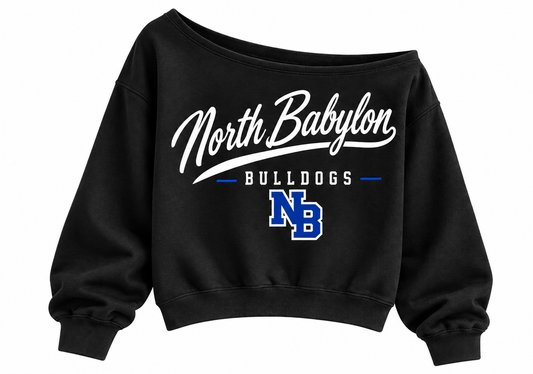 North Babylon Bulldogs Women's Heritage Script Off-Shoulder Crop Sweatshirt in Black