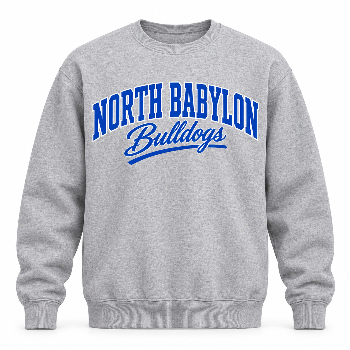 North Babylon Bulldogs Campus Script Crewneck in Heather Gray