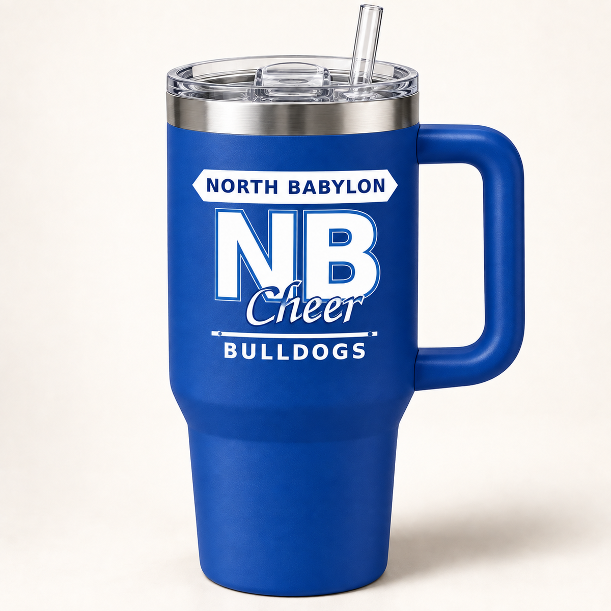Royal blue North Babylon Bulldogs Cheer 40 oz handled tumbler with lid and straw