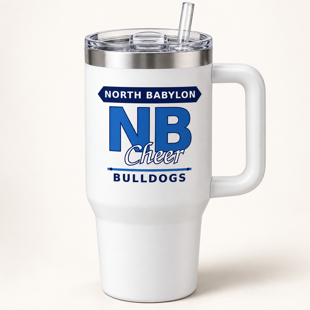 White North Babylon Bulldogs Cheer 40 oz handled tumbler with lid and straw