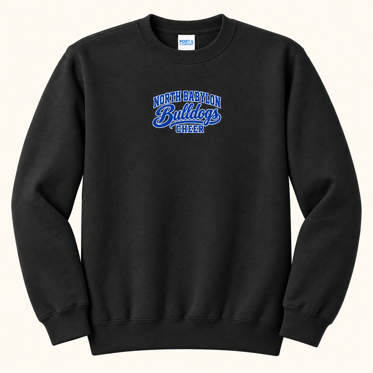 North Babylon Bulldogs Cheer adult Jet Black full-length crewneck, front with centered royal-blue varsity and Bulldogs script print; single-product mockup