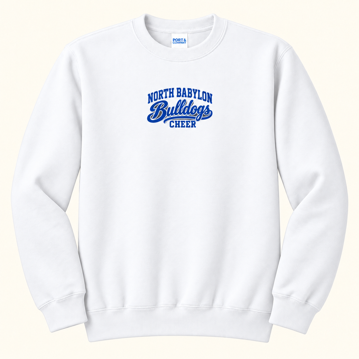 North Babylon Bulldogs Cheer adult White full-length crewneck, front with centered royal-blue varsity and Bulldogs script print; single-product mockup