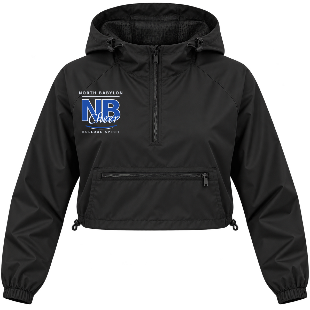 Black women's cropped quarter-zip windbreaker with North Babylon NB Cheer left-chest design in royal blue and white