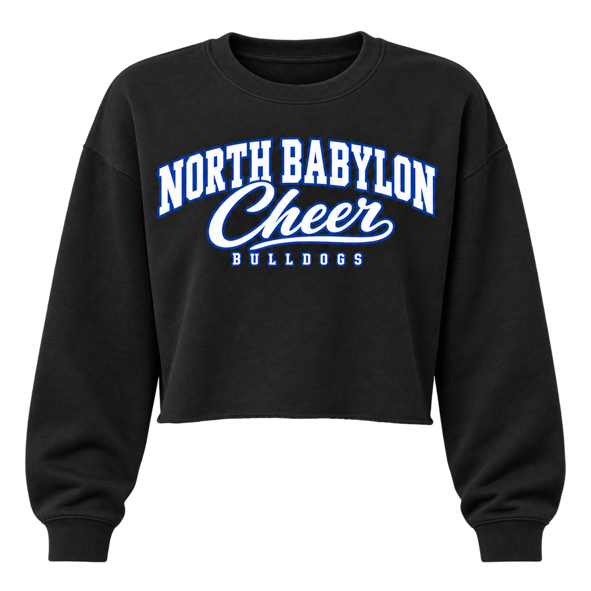 Black North Babylon Bulldogs Cheer women's cropped crewneck, front view