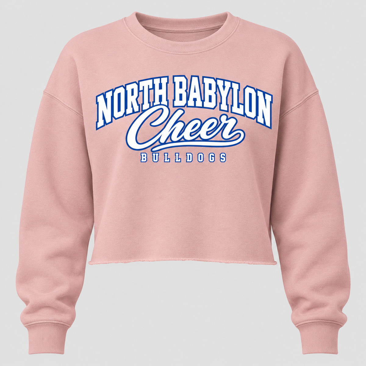 Blush North Babylon Bulldogs Cheer women's cropped crewneck, front view