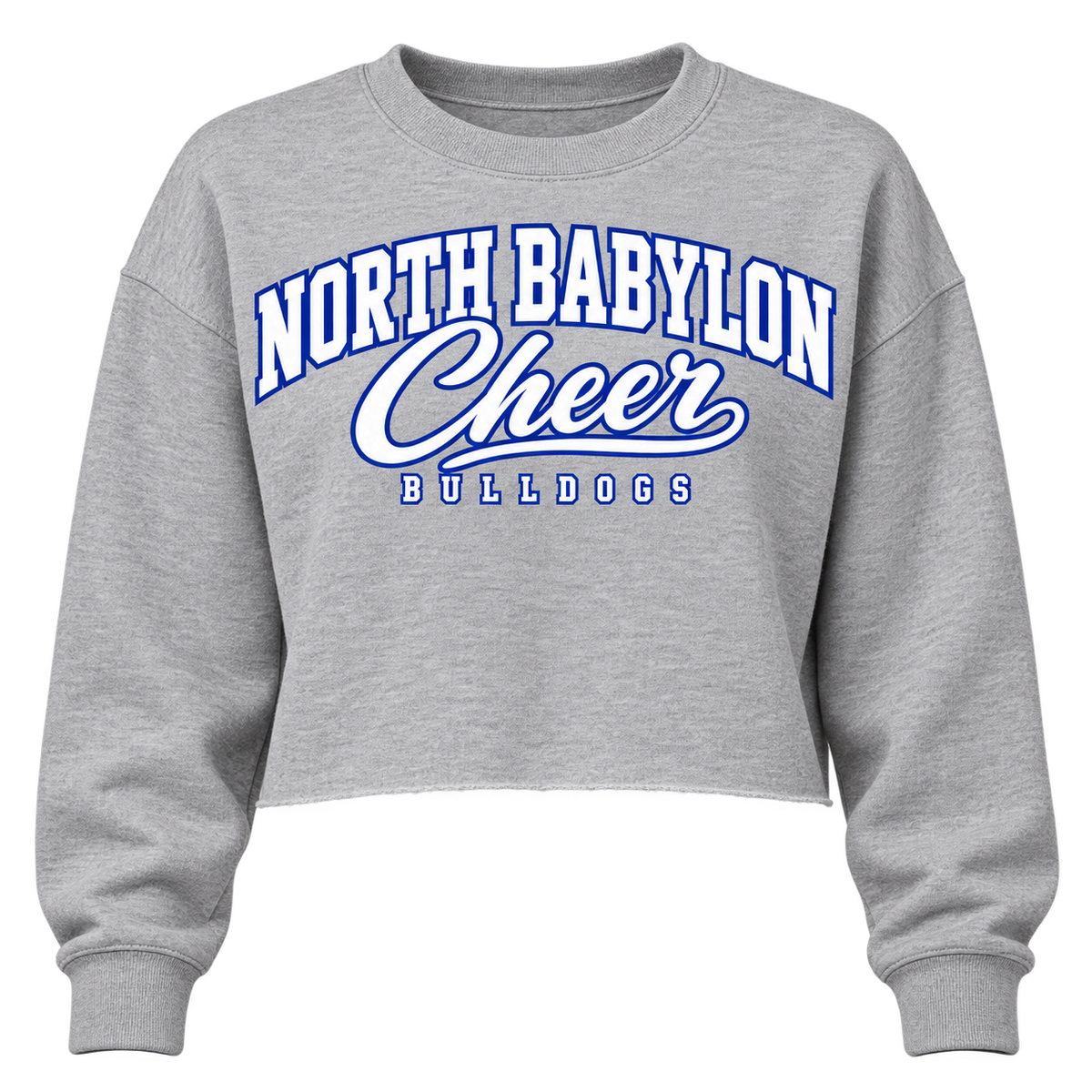 Grey Heather North Babylon Bulldogs Cheer women's cropped crewneck, front view