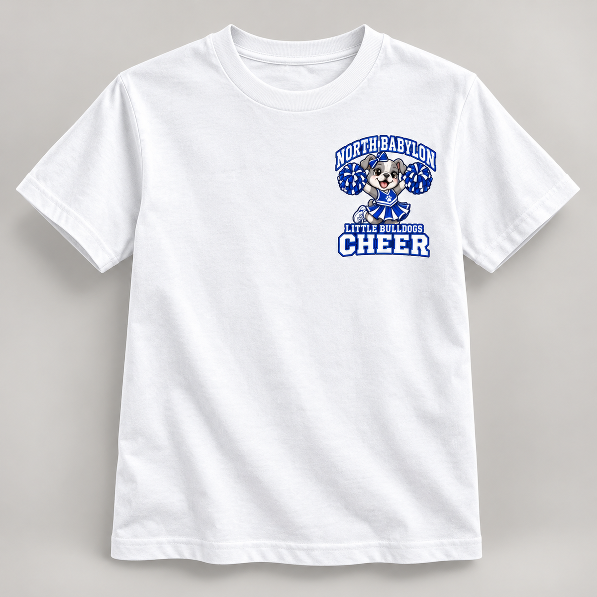 North Babylon Little Bulldogs Cheer youth T-shirt in White, compact left-chest print