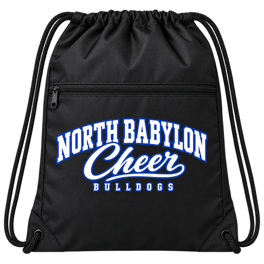 North Babylon Cheer zip-pocket drawstring backpack in Black with white and royal collegiate script