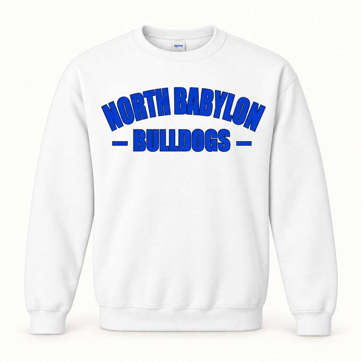 North Babylon Collegiate Crewneck Sweatshirt in White, front view