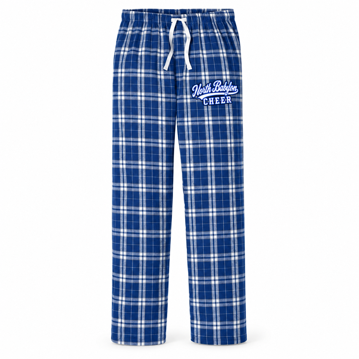 North Babylon Cheer royal flannel pajama pants with collegiate script