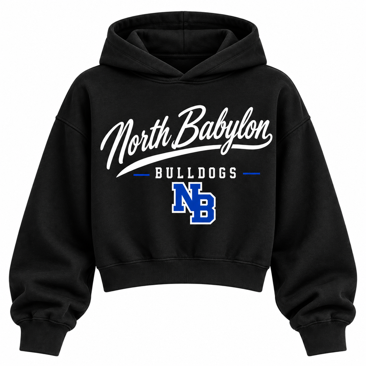 North Babylon Bulldogs black cropped hoodie with heritage school script and varsity monogram on front