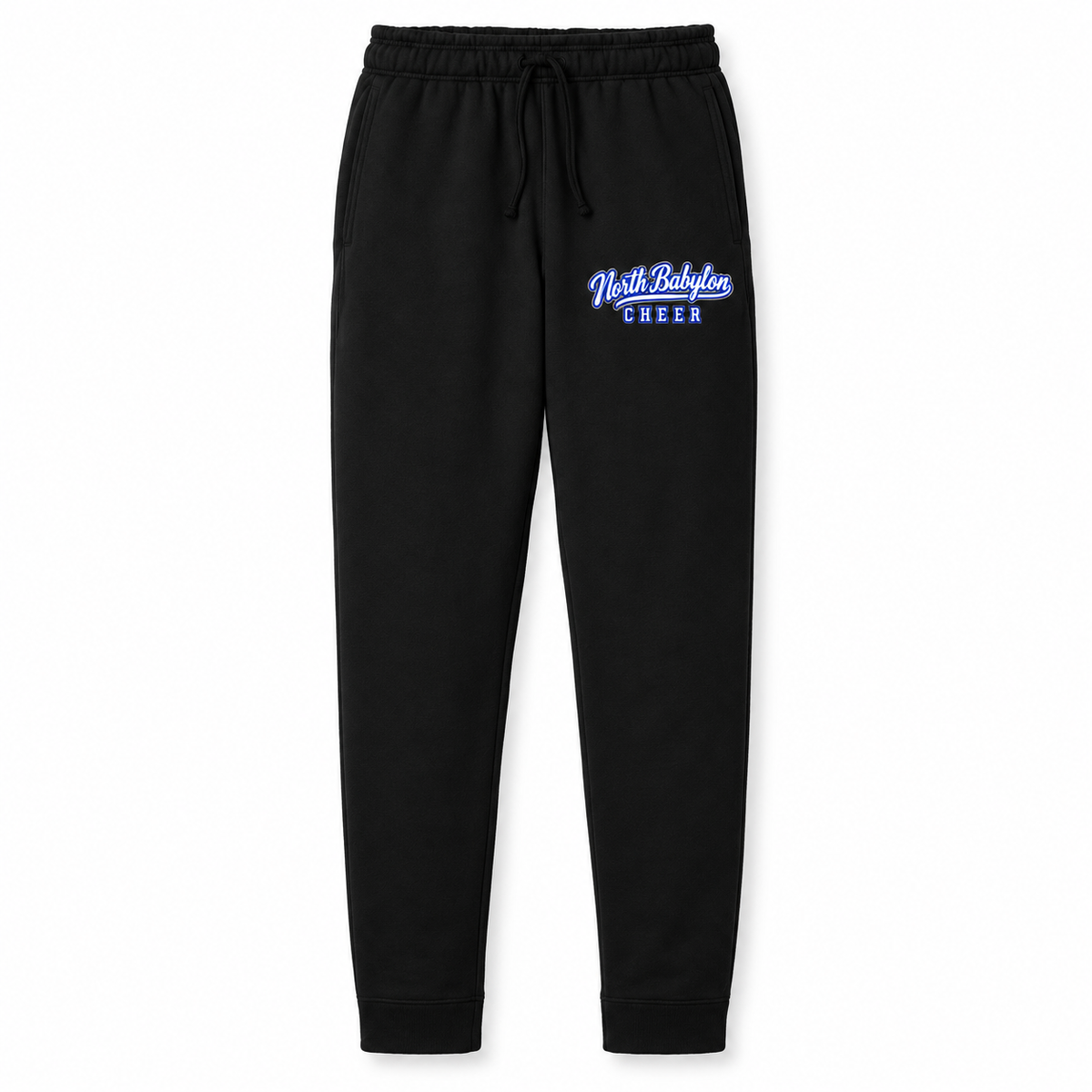 North Babylon Cheer black fleece joggers with collegiate script