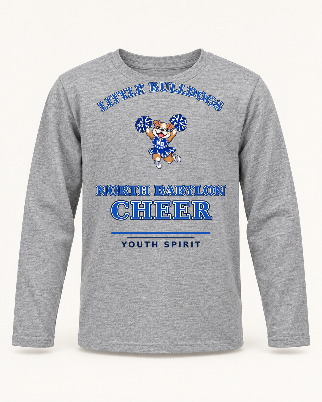 Athletic Heather youth long-sleeve shirt with North Babylon Little Bulldogs jump cheer artwork