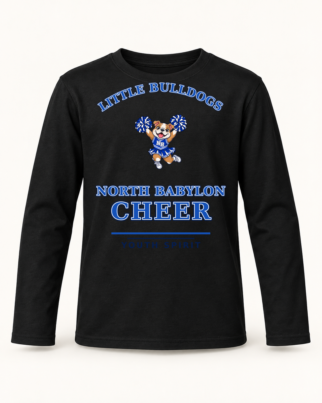 Jet Black youth long-sleeve shirt with North Babylon Little Bulldogs jump cheer artwork