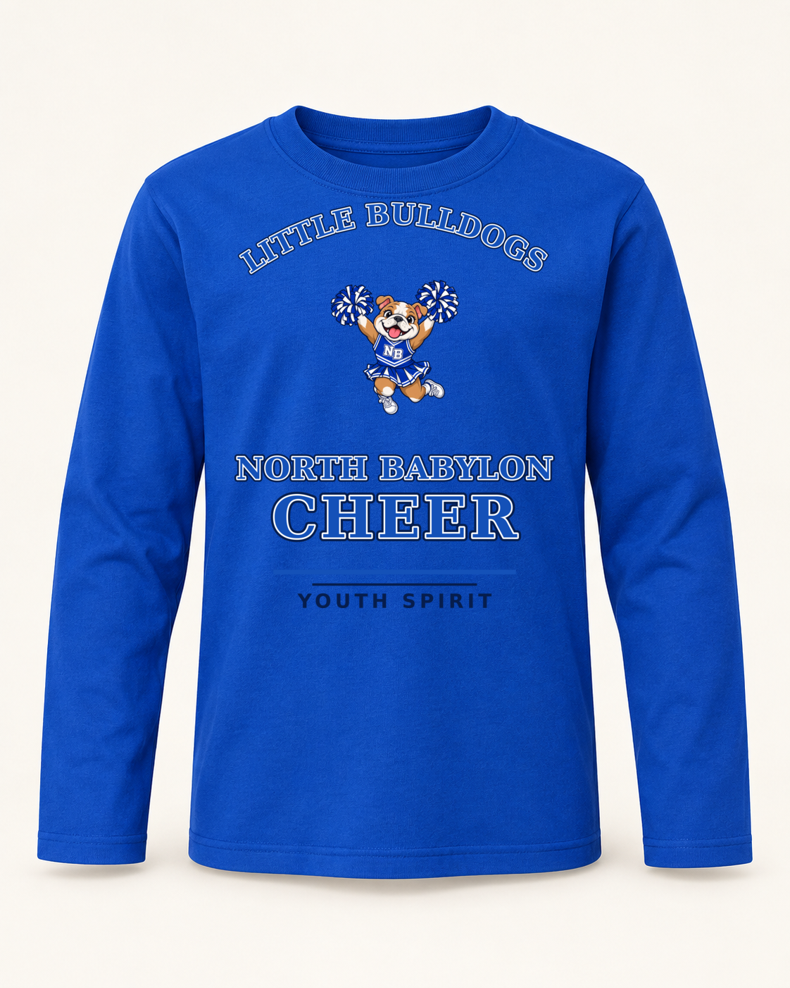 Royal blue youth long-sleeve shirt with North Babylon Little Bulldogs jump cheer artwork