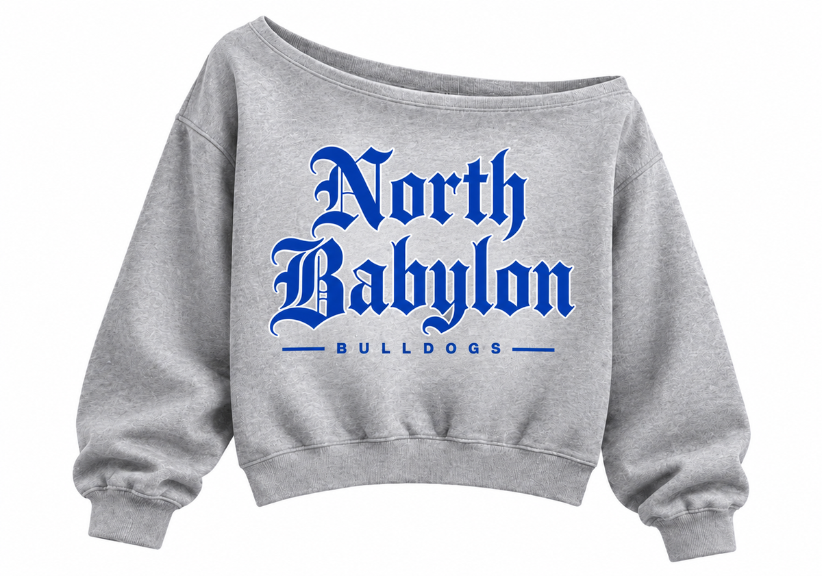 North Babylon Bulldogs Old English Women's Off-Shoulder Crop Sweatshirt gray