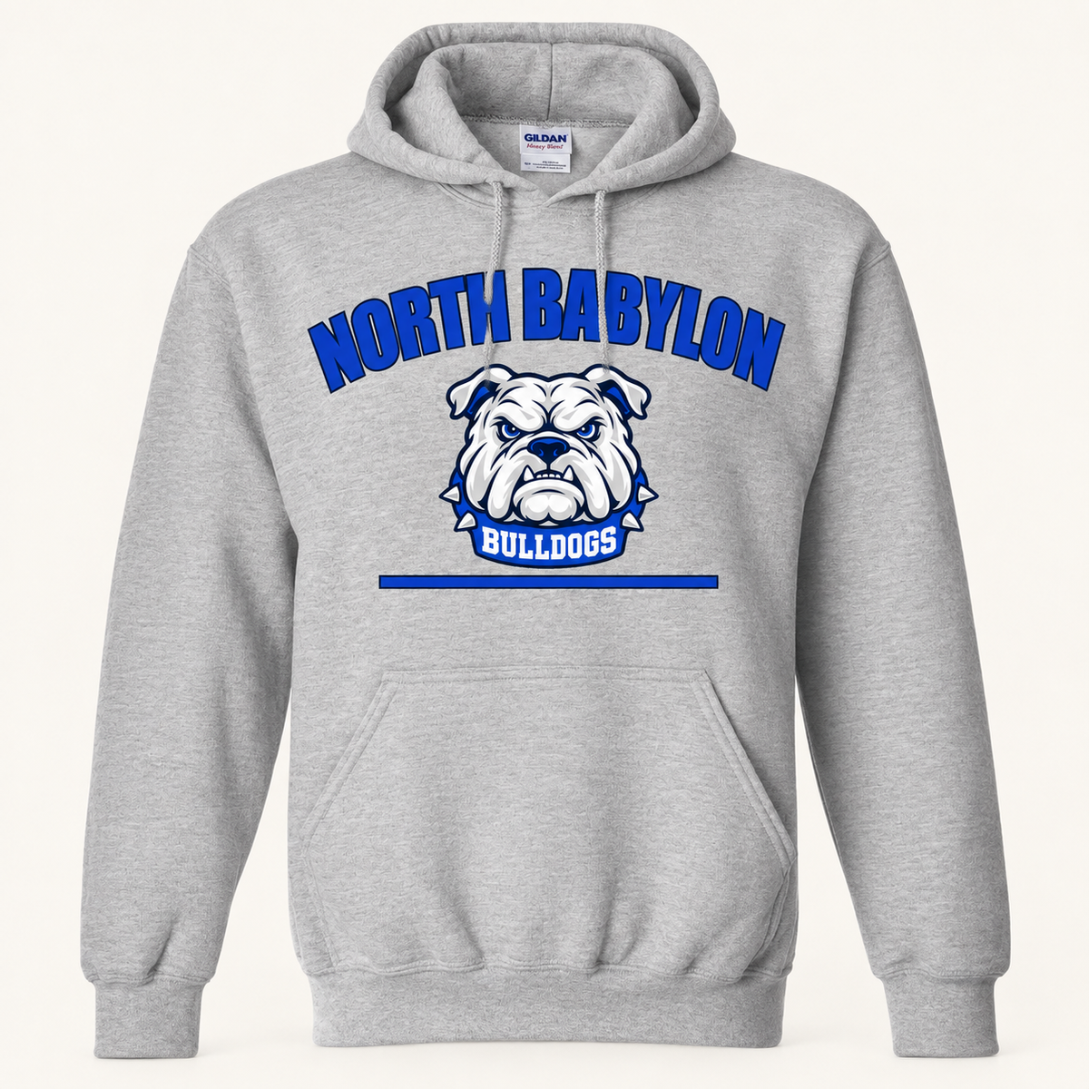 North Babylon Signature Bulldogs Pullover Hoodie in Sport Grey, front view