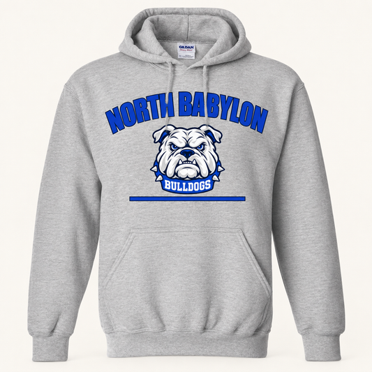 North Babylon Signature Bulldogs Pullover Hoodie in Sport Grey, front view
