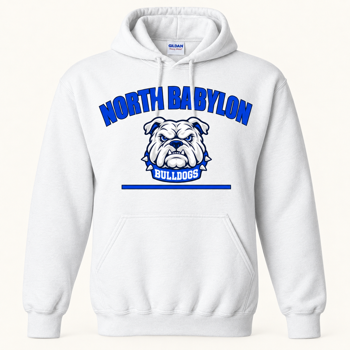 North Babylon Signature Bulldogs Pullover Hoodie in White, front view