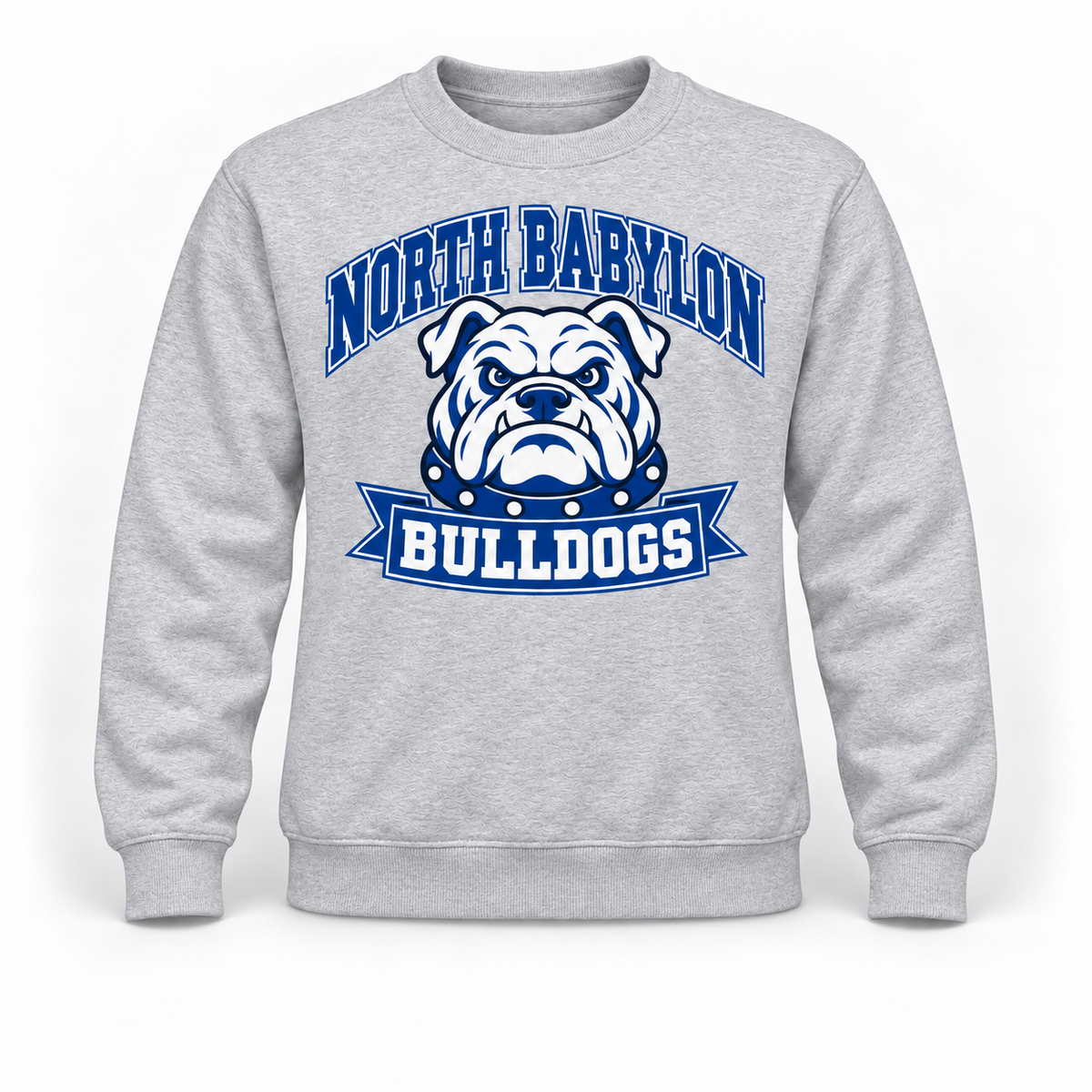 North Babylon Bulldogs Stadium Crewneck Sweatshirt in Heather Gray, front view with North Babylon Bulldogs graphic