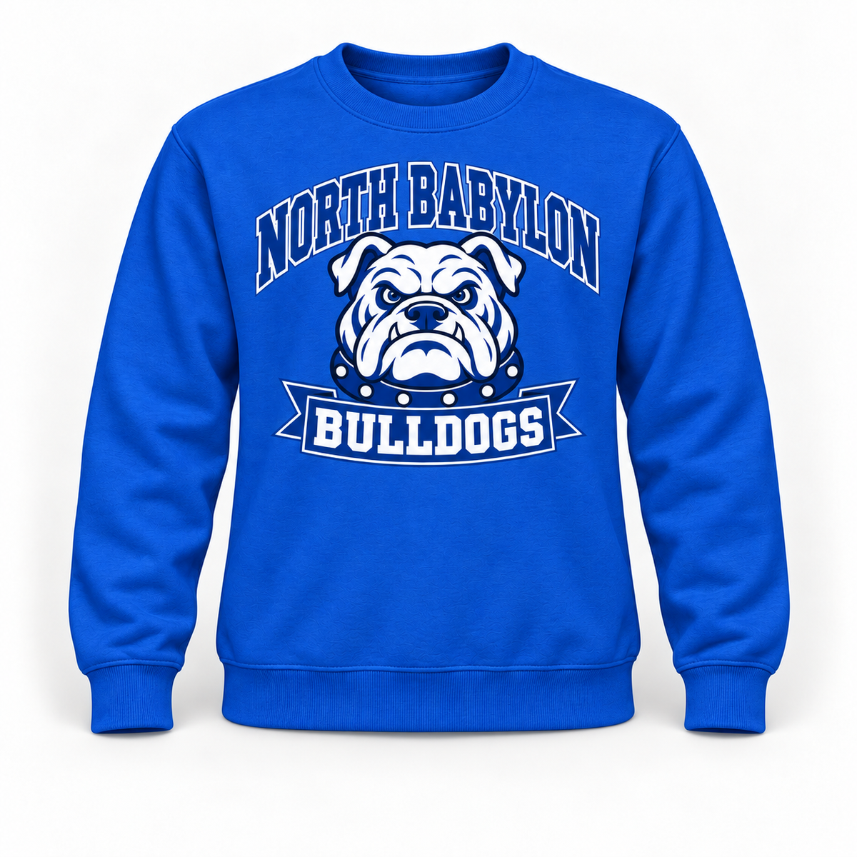 North Babylon Bulldogs Stadium Crewneck Sweatshirt in Royal Blue, front view with North Babylon Bulldogs graphic