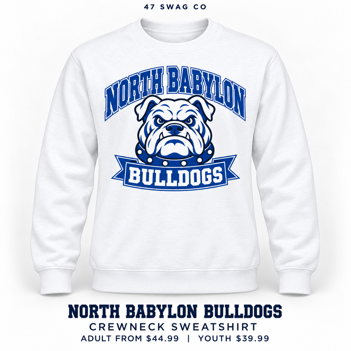 North Babylon Bulldogs Stadium Crewneck Sweatshirt in White, front view with North Babylon Bulldogs graphic