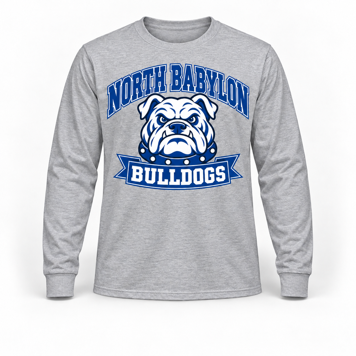 North Babylon Bulldogs Stadium Long Sleeve Tee in Heather Gray, front view with North Babylon Bulldogs graphic