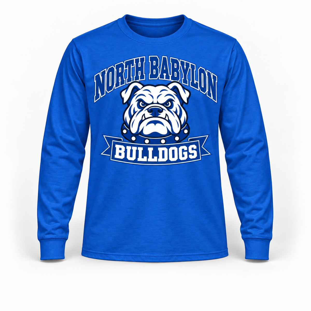 North Babylon Bulldogs Stadium Long Sleeve Tee in Royal Blue, front view with North Babylon Bulldogs graphic