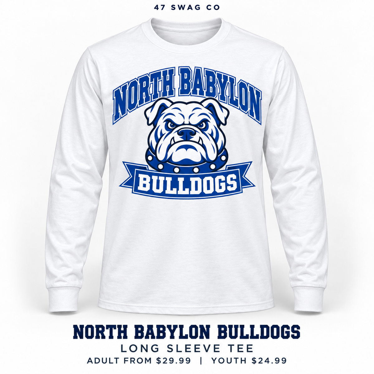 North Babylon Bulldogs Stadium Long Sleeve Tee in White, front view with North Babylon Bulldogs graphic