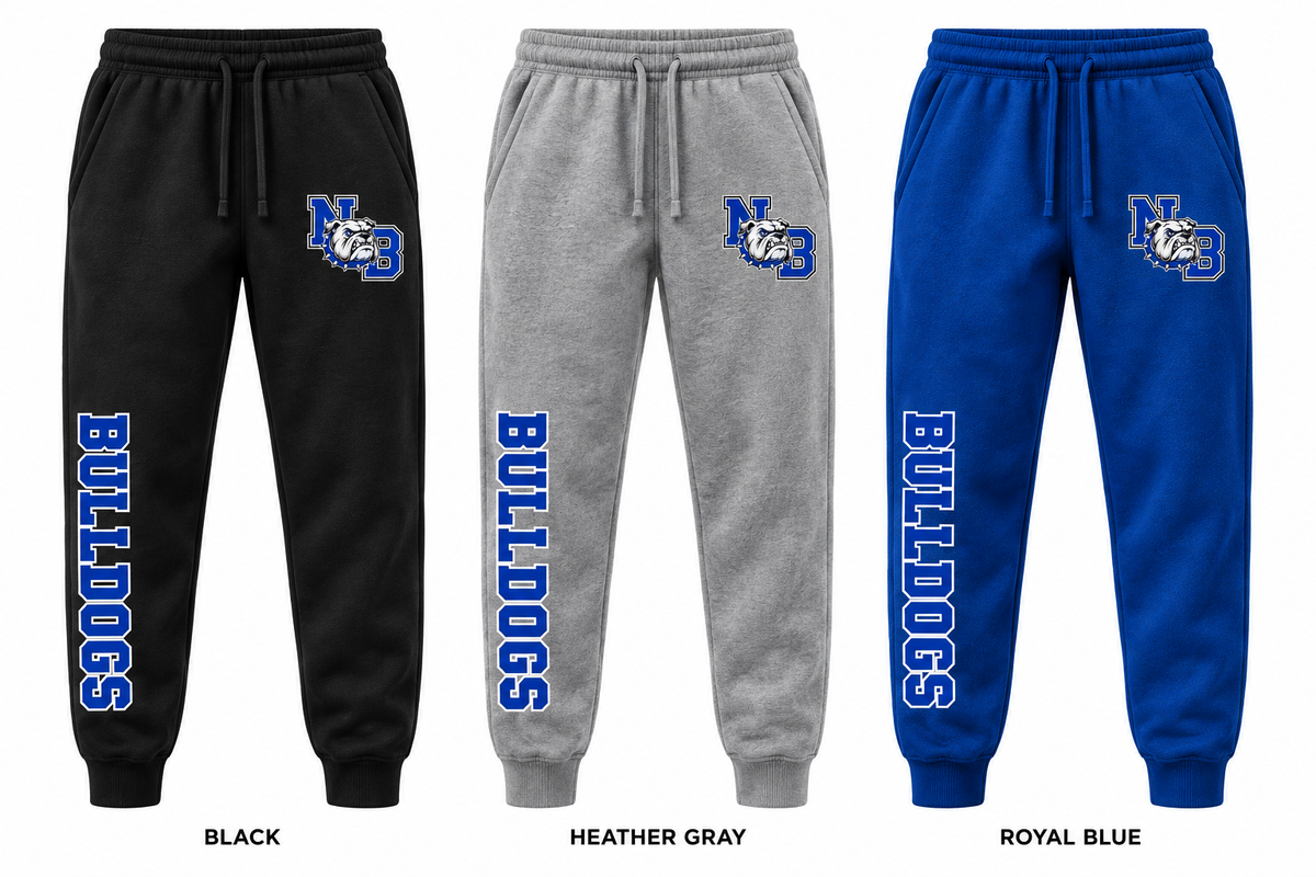 North Babylon Bulldogs varsity joggers in Black, Heather Gray and Royal Blue