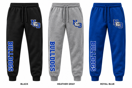 North Babylon Bulldogs varsity joggers in Black, Heather Gray and Royal Blue