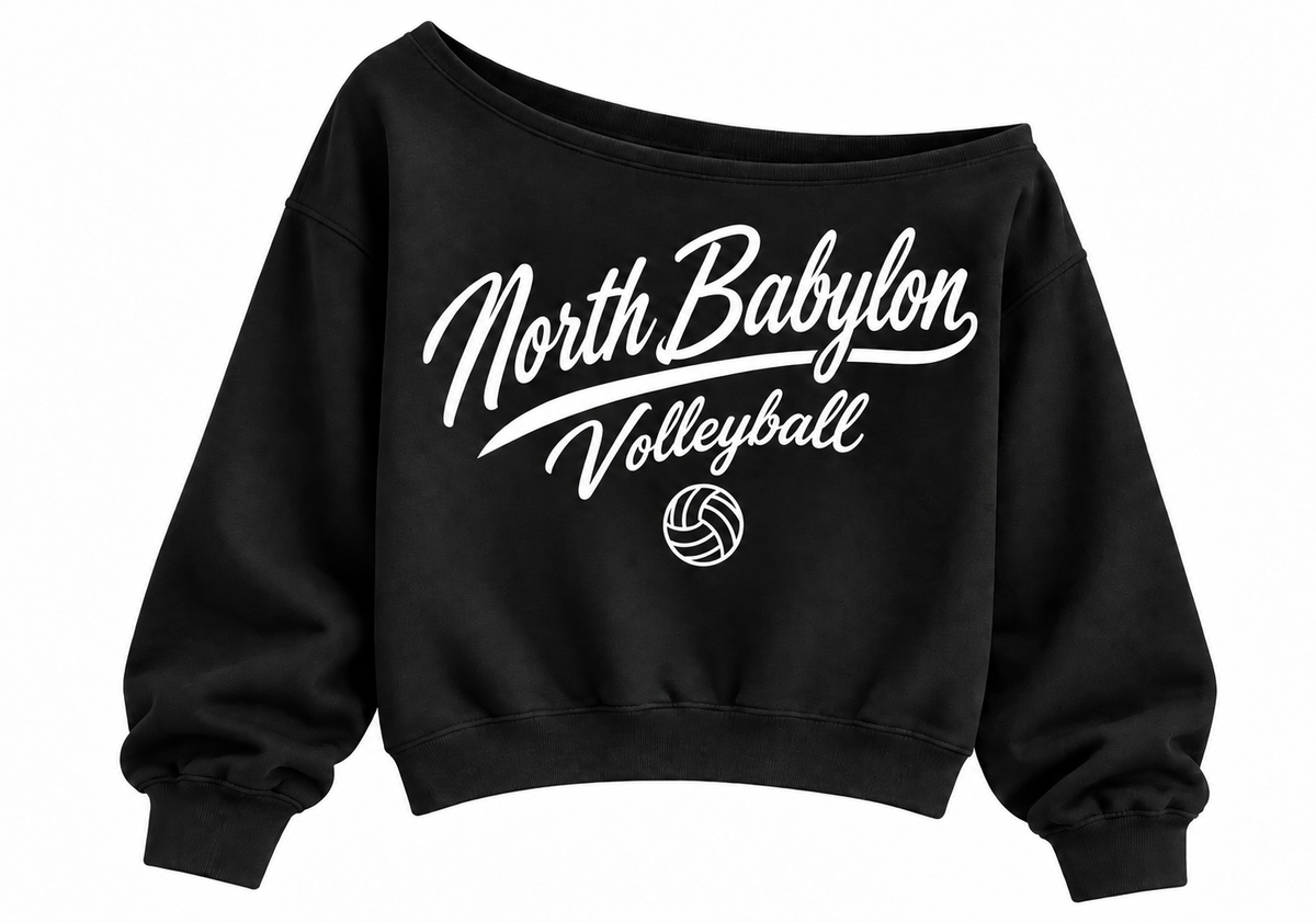 North Babylon Girls Volleyball Script Off-Shoulder Crop Sweatshirt — Black