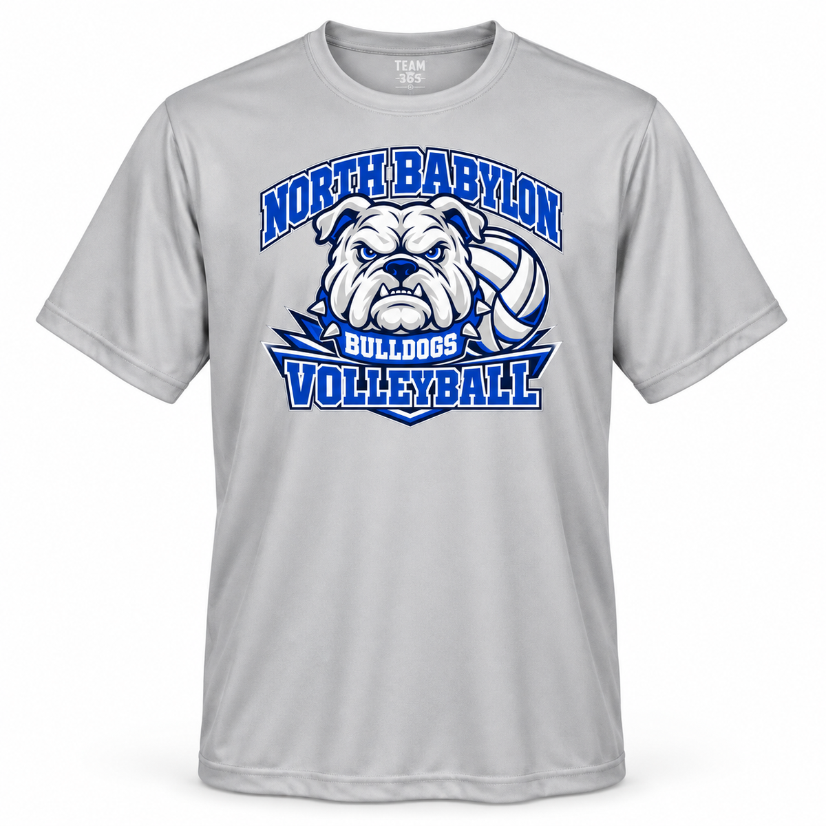 North Babylon Volleyball Performance Shirt in Sport Silver, collegiate bulldog crest front view