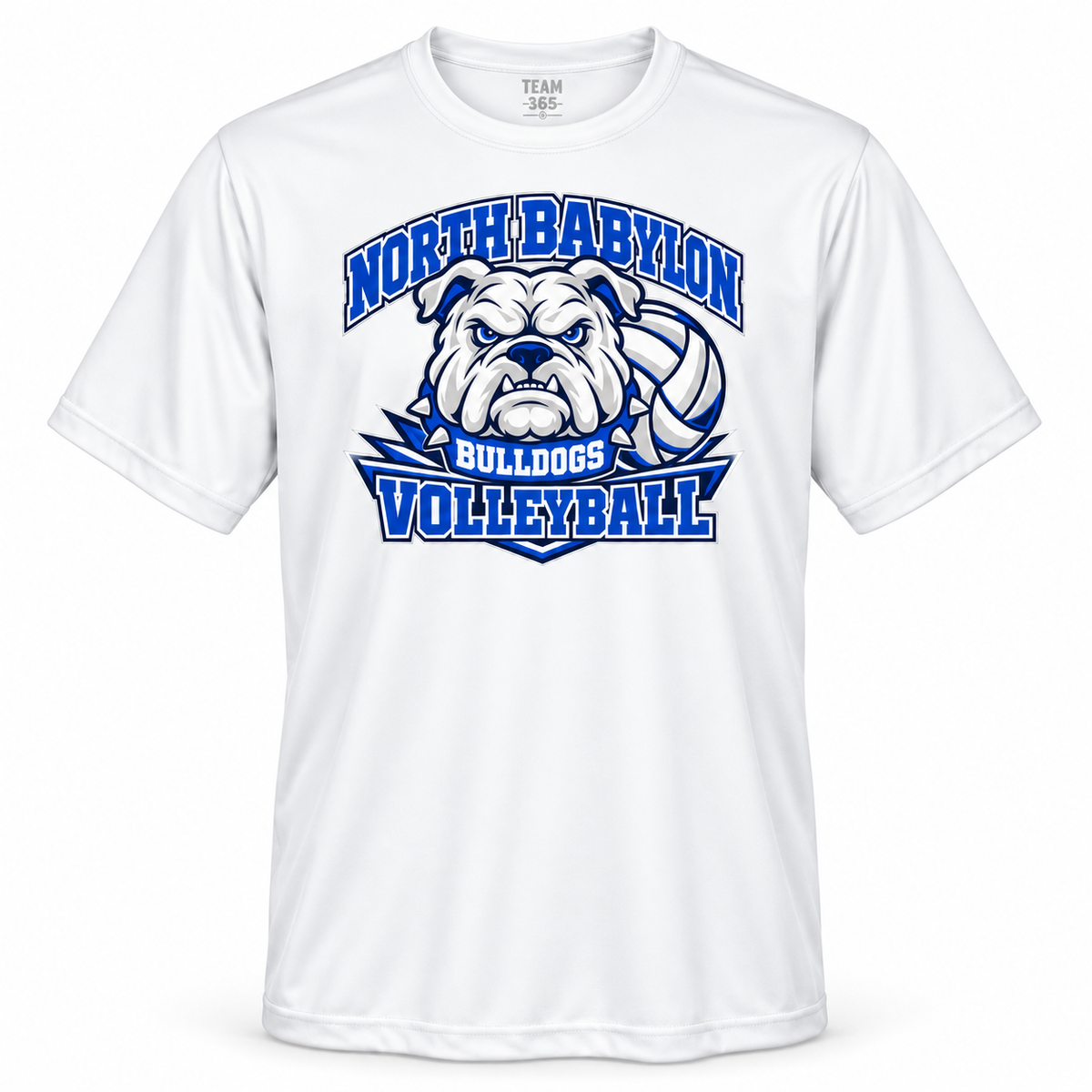 North Babylon Volleyball Performance Shirt in White, collegiate bulldog crest front view