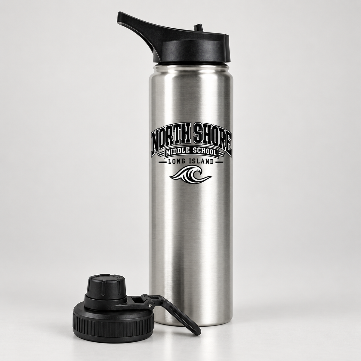 North Shore Middle School Varsity Wave stainless 25 oz bottle with installed flip-top lid and included separate chug lid; digital mockup